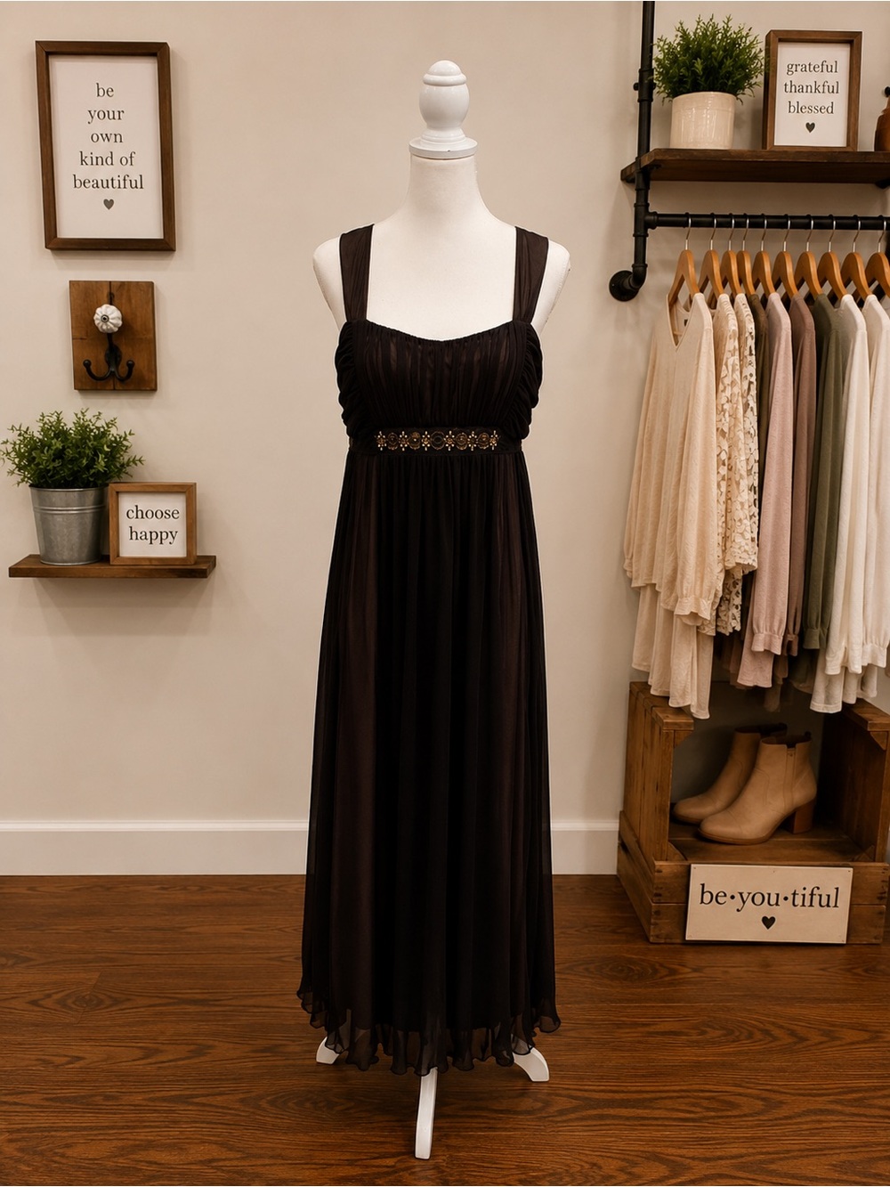 Connected Apparel Size 12 Black Empire Waist Beaded Chiffon Midi Dress